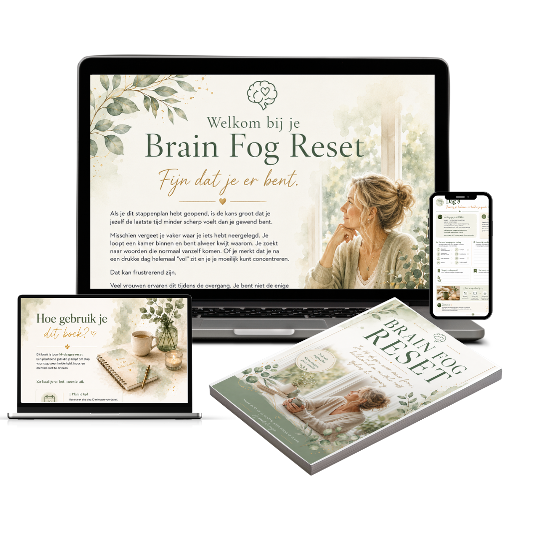 14 Dagen Brain Fog Reset e-book weergegeven op laptop, telefoon en als gedrukt boek