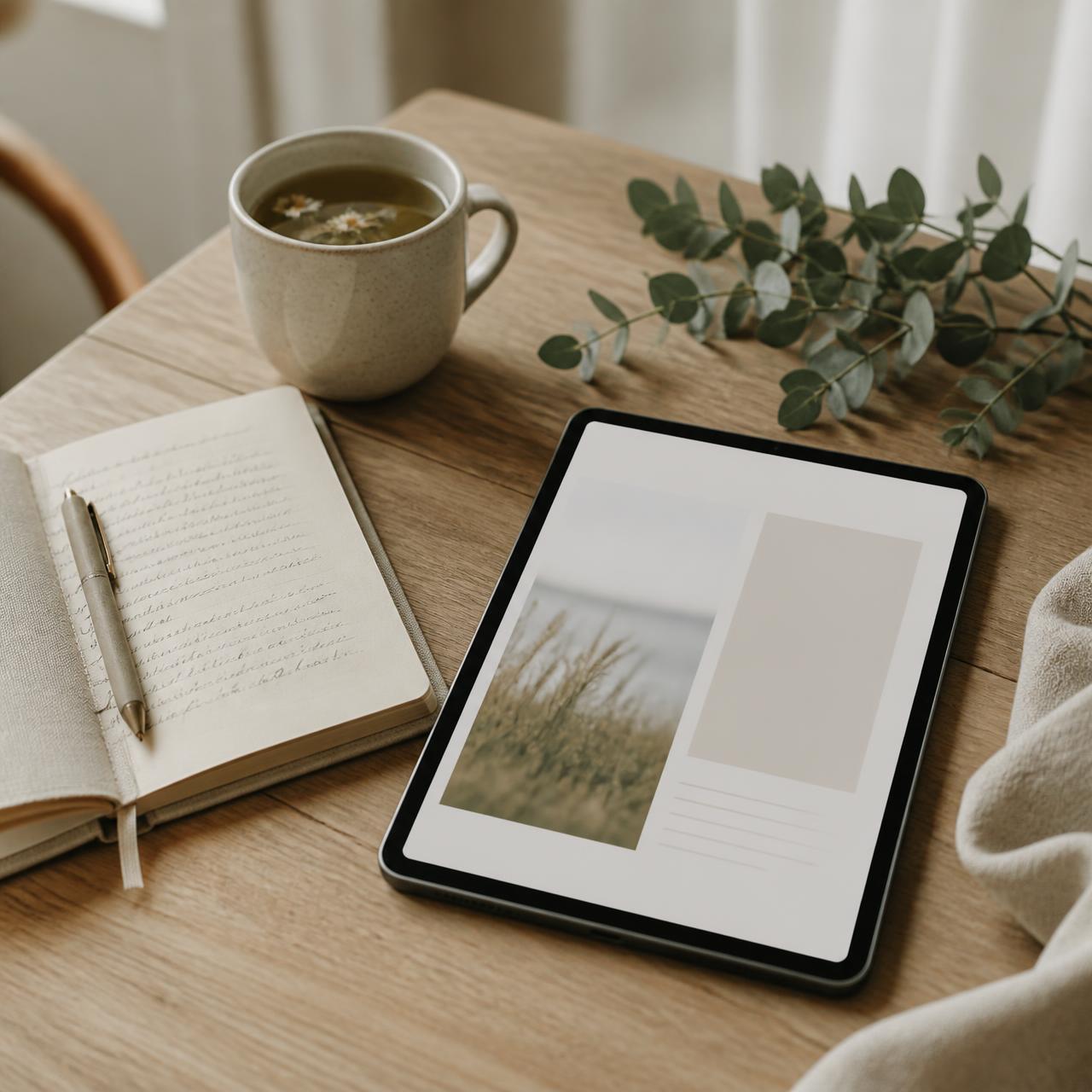 Illustratie van het 14 Dagen Brain Fog Reset e-book met notitieboek, thee en groen